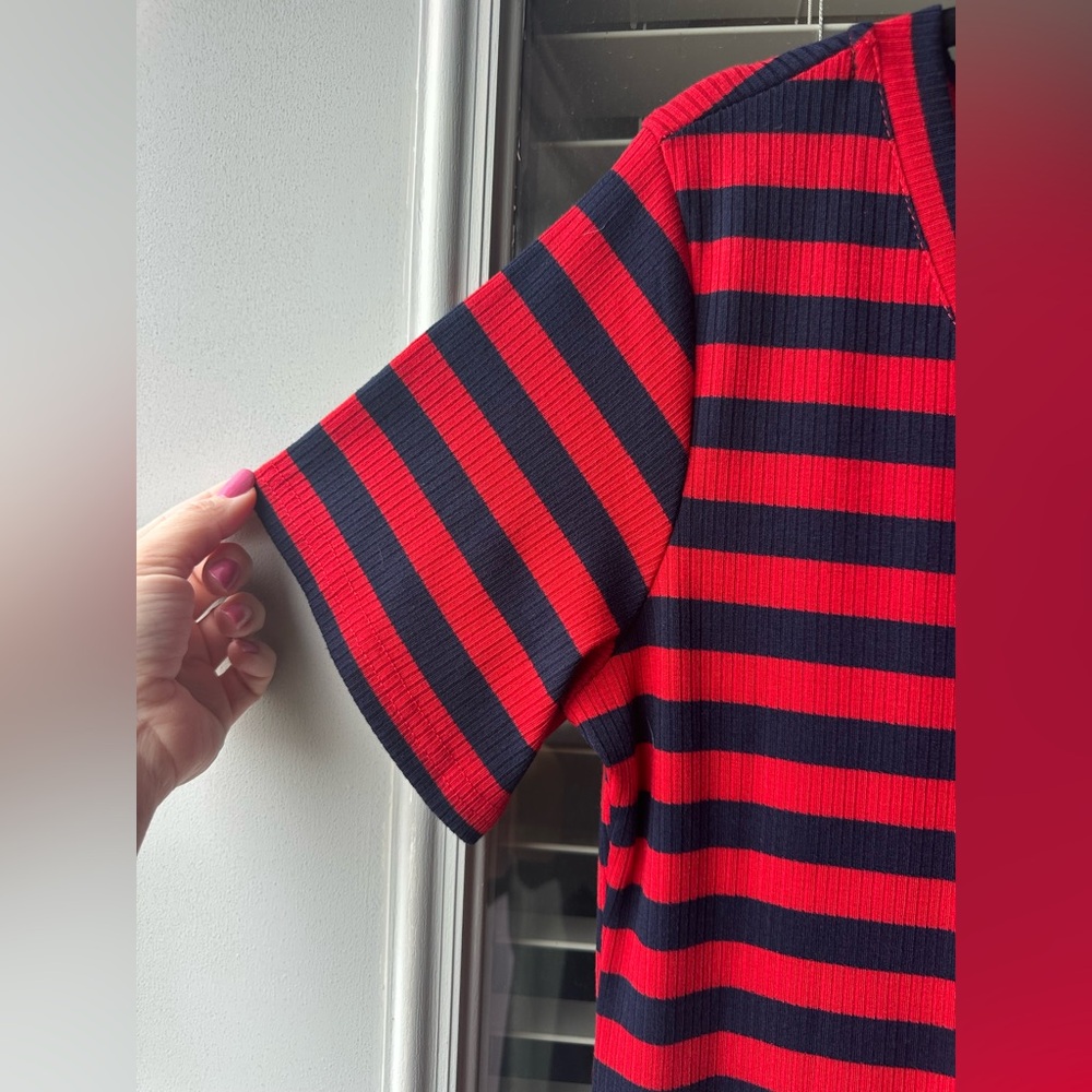 Women’s Ribbed Blue & Red Striped V-Neck Dress - Picture 4 of 5